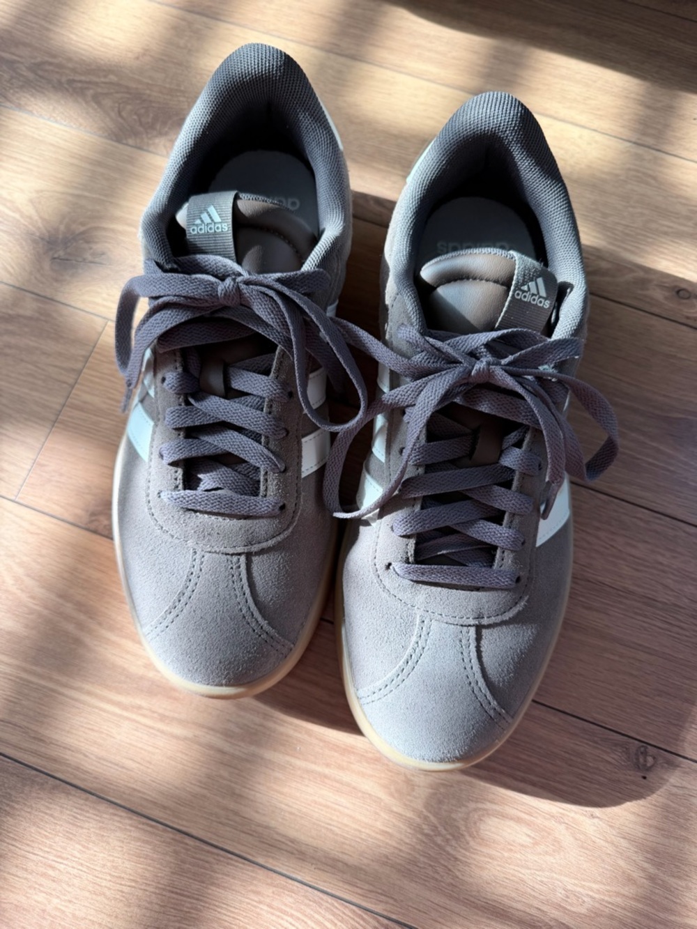 adidas brown Suede Sneakers with White Stripes and Gum Sole